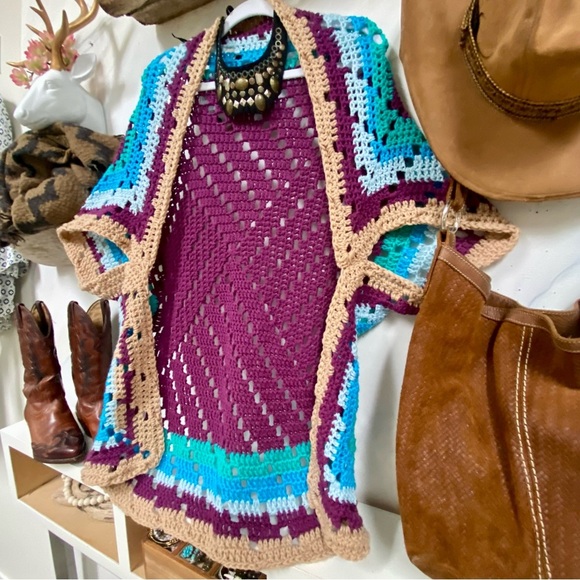 Vintage Sweaters - Vintage Multicolor Crochet Cardigan
